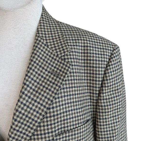 Tommy Hilfiger Blue Brown Houndstooth Plaid 3 Button Sport Coat Blazer Size 44L - Picture 1 of 14